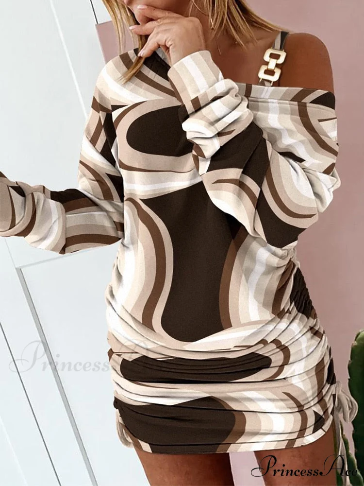 Hollow Off Shoulder Drawstring Casual Diagonal Collar Long Seeve Dress - Image 2