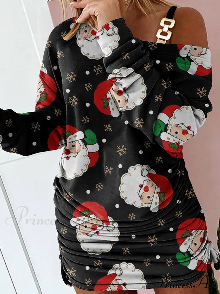 Hollow Off Shoulder Drawstring Casual Diagonal Collar Long Seeve Dress - Image 3