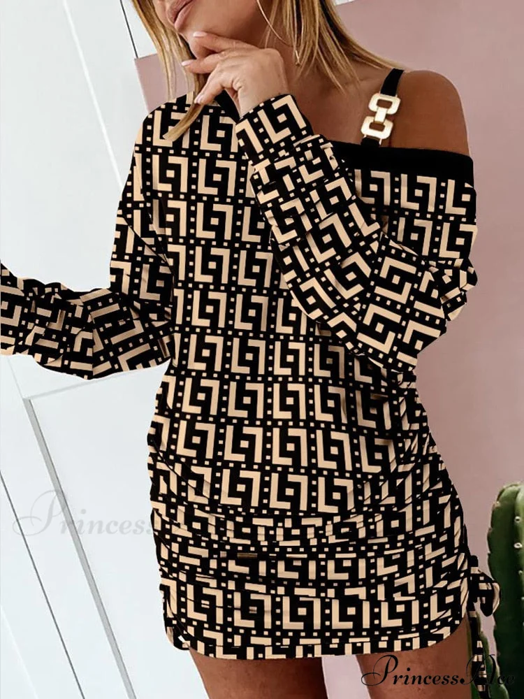 Hollow Off Shoulder Drawstring Casual Diagonal Collar Long Seeve Dress - Image 7