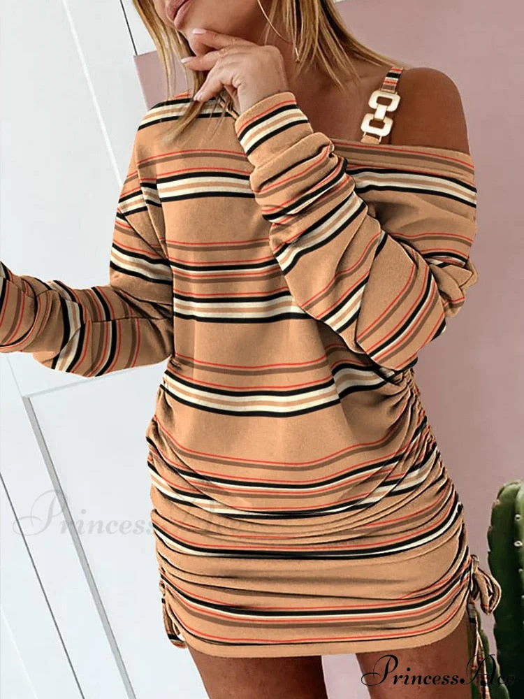 Hollow Off Shoulder Drawstring Casual Diagonal Collar Long Seeve Dress - Image 9