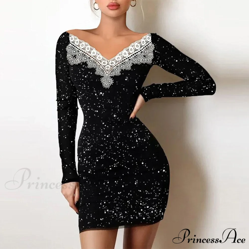 Shiny Silk Turtleneck Mesh Patchwork Long Sleeve A-line Dress - Image 10