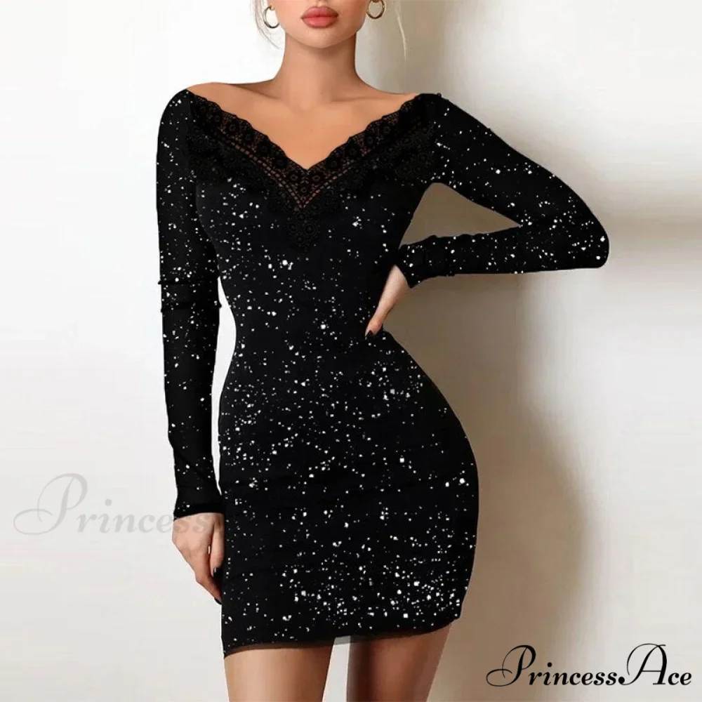 Shiny Silk Turtleneck Mesh Patchwork Long Sleeve A-line Dress - Image 11