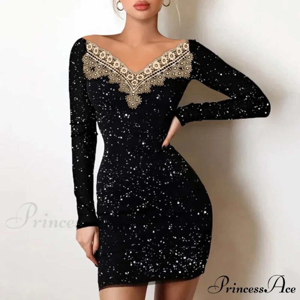 Shiny Silk Turtleneck Mesh Patchwork Long Sleeve A-line Dress - Image 12