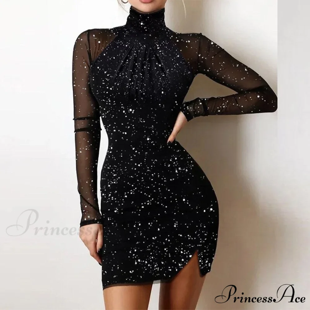 Shiny Silk Turtleneck Mesh Patchwork Long Sleeve A-line Dress - Image 14