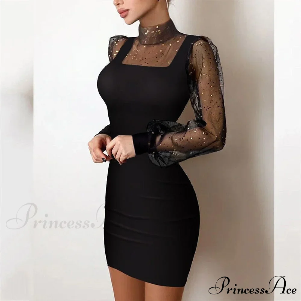 Shiny Silk Turtleneck Mesh Patchwork Long Sleeve A-line Dress - Image 16