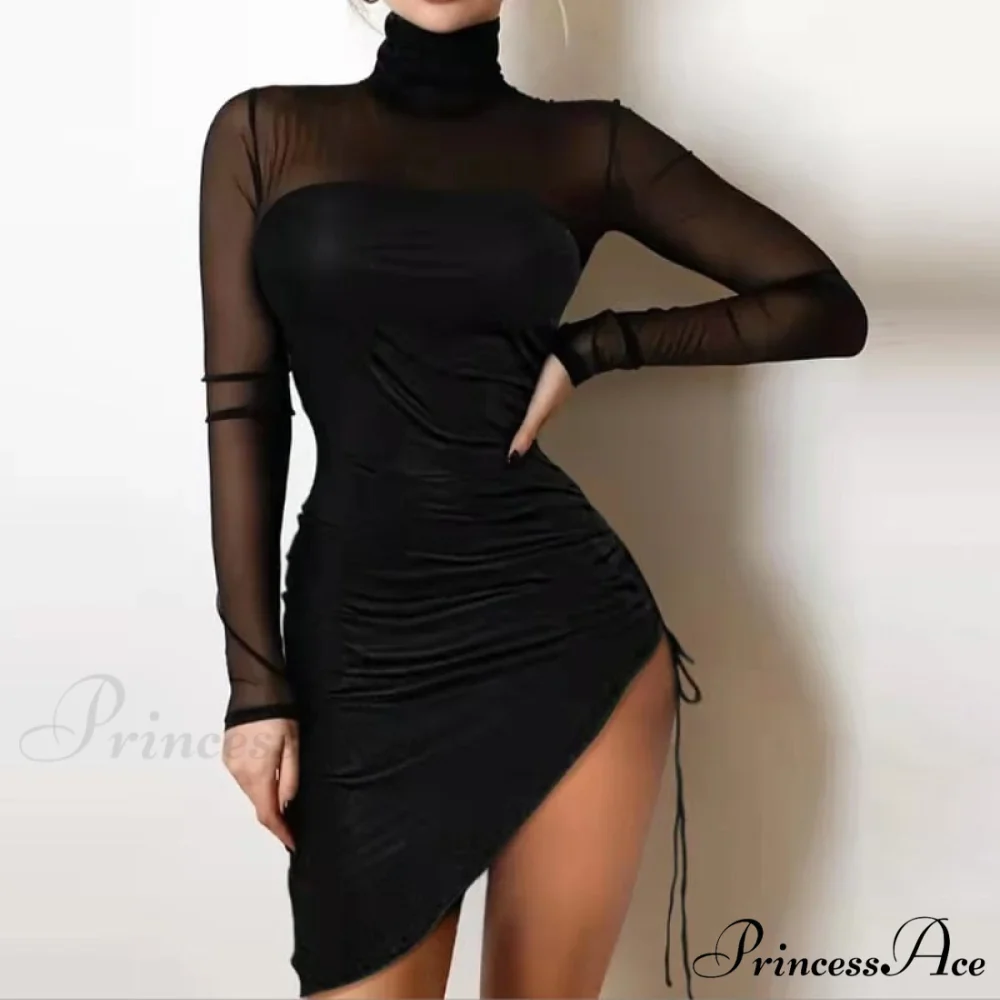Shiny Silk Turtleneck Mesh Patchwork Long Sleeve A-line Dress - Image 6