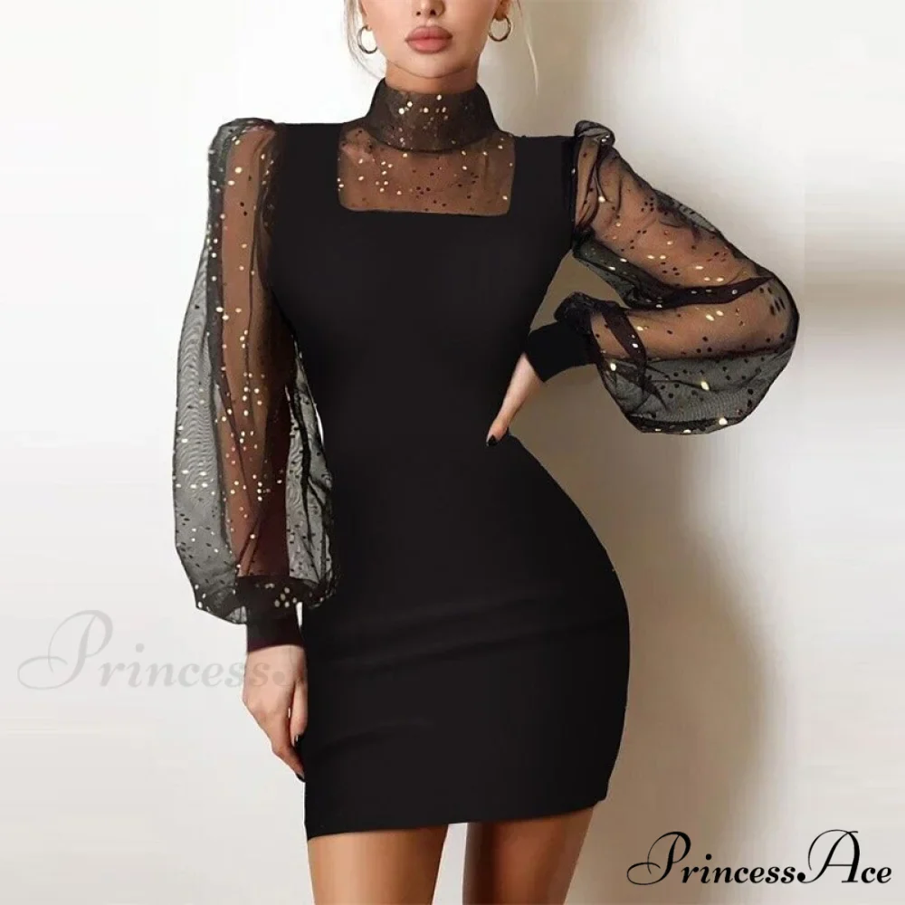 Shiny Silk Turtleneck Mesh Patchwork Long Sleeve A-line Dress - Image 7