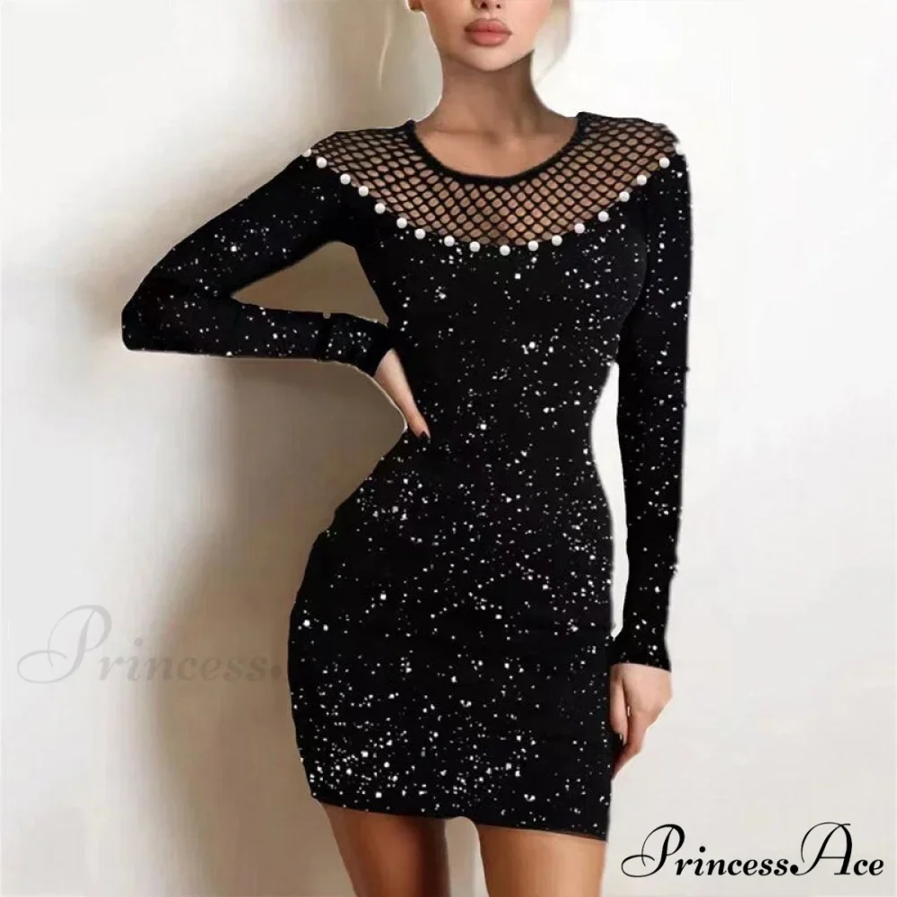 Shiny Silk Turtleneck Mesh Patchwork Long Sleeve A-line Dress - Image 9