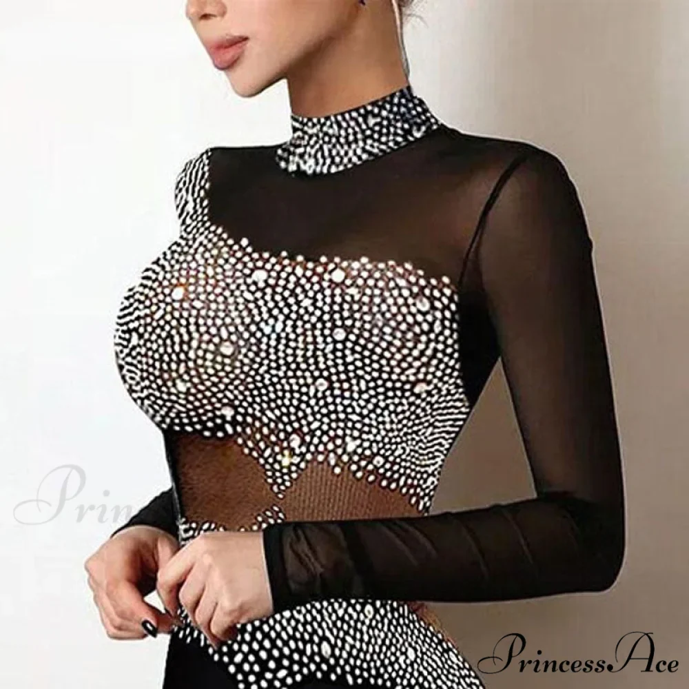 Women Elegant Rhinestone Decor Mesh Bodycon Dress - Image 2
