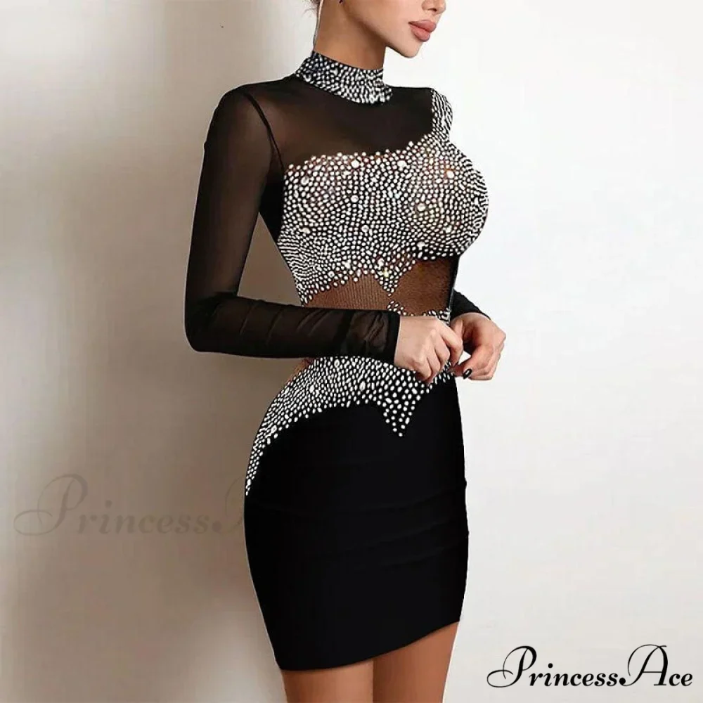 Women Elegant Rhinestone Decor Mesh Bodycon Dress - Image 4