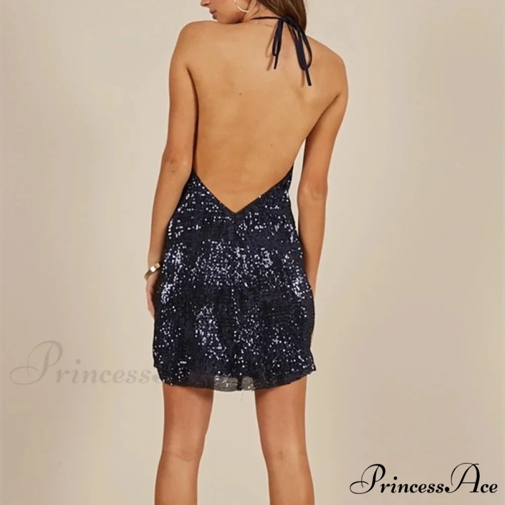 Sequins Backless Sleeveless Cowl Neck Halter Draped Mini Dress - Image 4