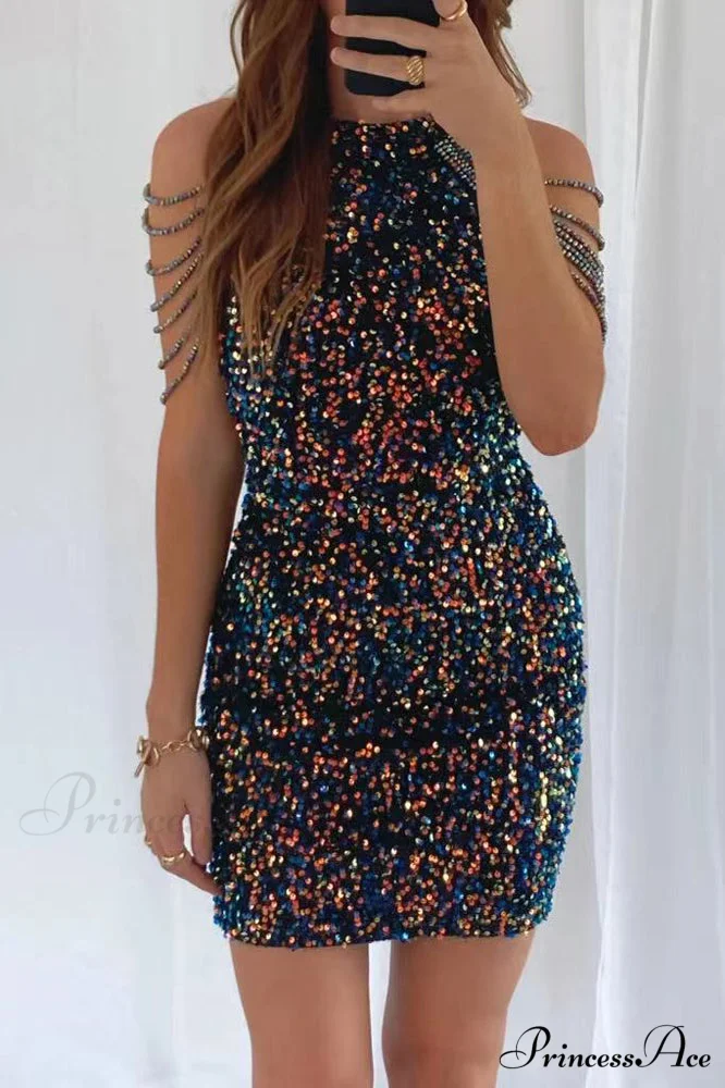 Off Shoulder Gold Sequin Short Party Bodycon Dress - Image 19