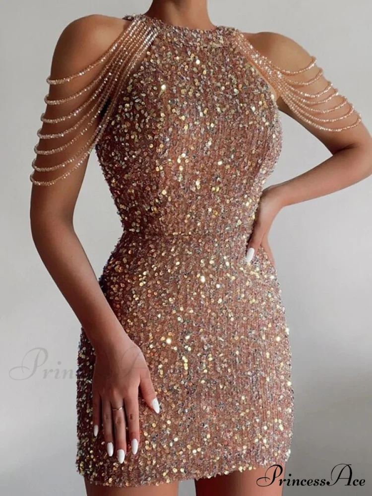 Off Shoulder Gold Sequin Short Party Bodycon Dress - Image 28