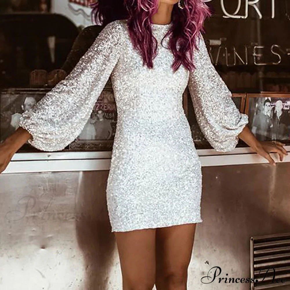 Lantern Sleeve O Neck Sequin Bodycon Dress - Image 2