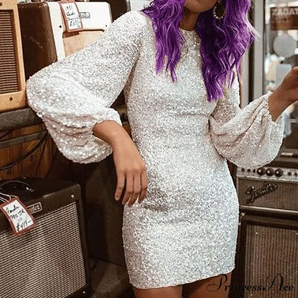 Lantern Sleeve O Neck Sequin Bodycon Dress - Image 3