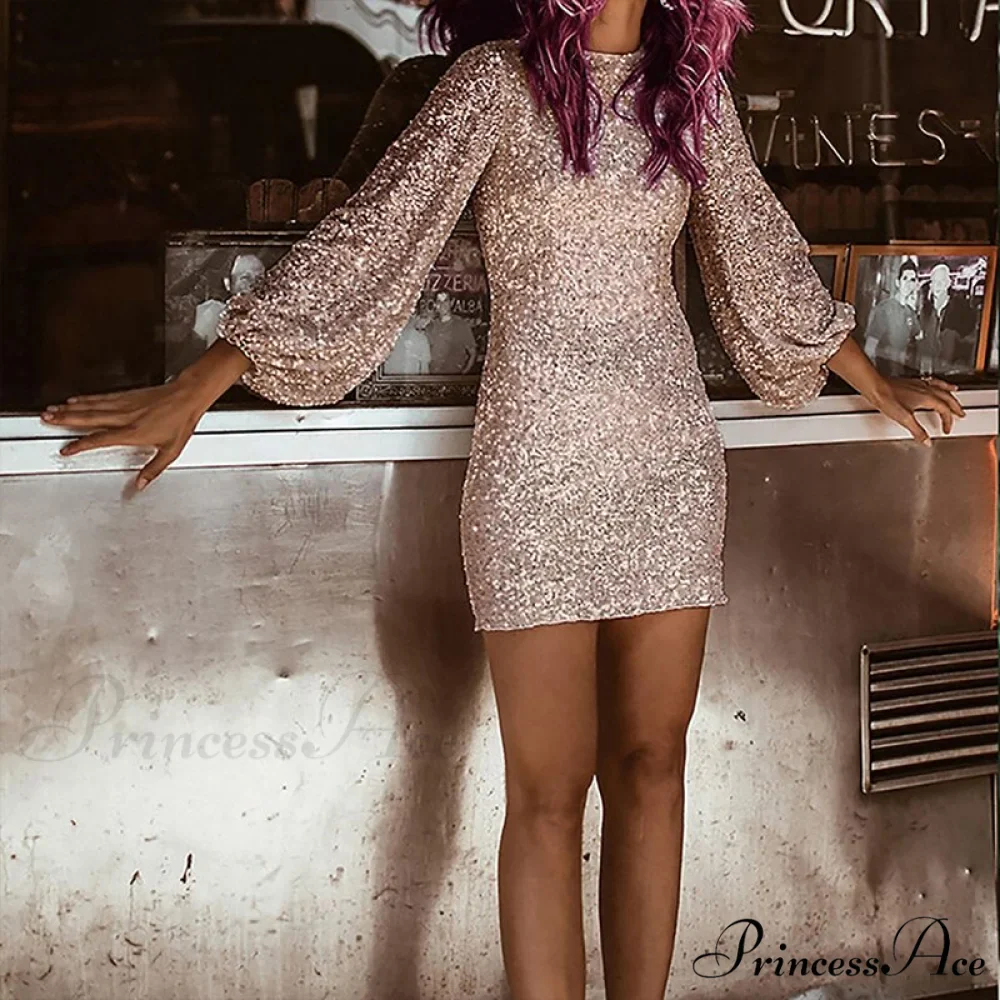 Lantern Sleeve O Neck Sequin Bodycon Dress - Image 7