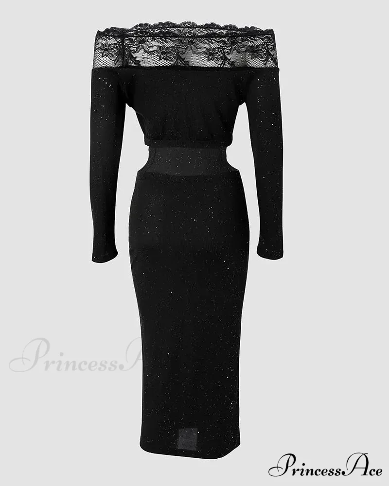 Off Shoulder Long Sleeve Contrast Lace Glitter Bodycon Mini Dress - Image 4