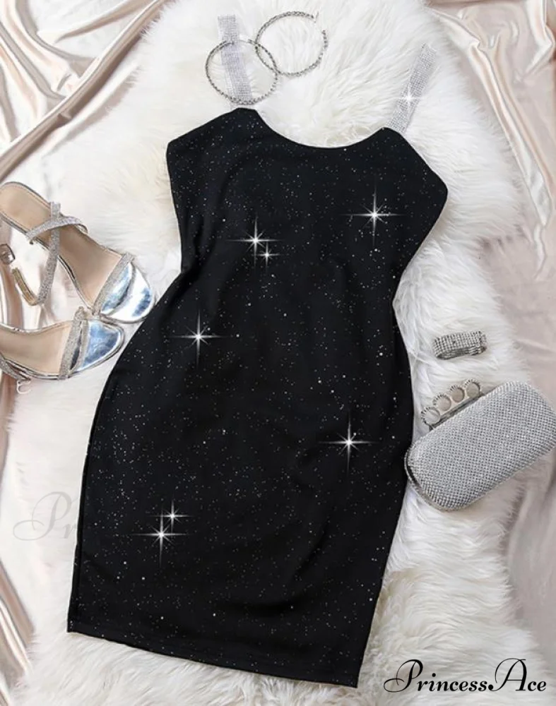 Rhinestone Strap Glitter Thick Strap U-Neck Skinny Midi Party Dress - Image 4