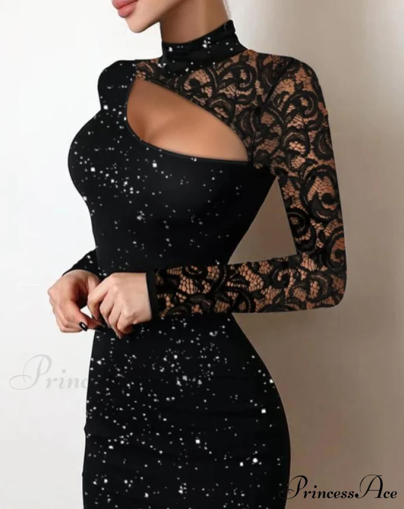 Glitter Contrast Lace Cutout Long Sleeve Bodycon Mini Dress - Image 2