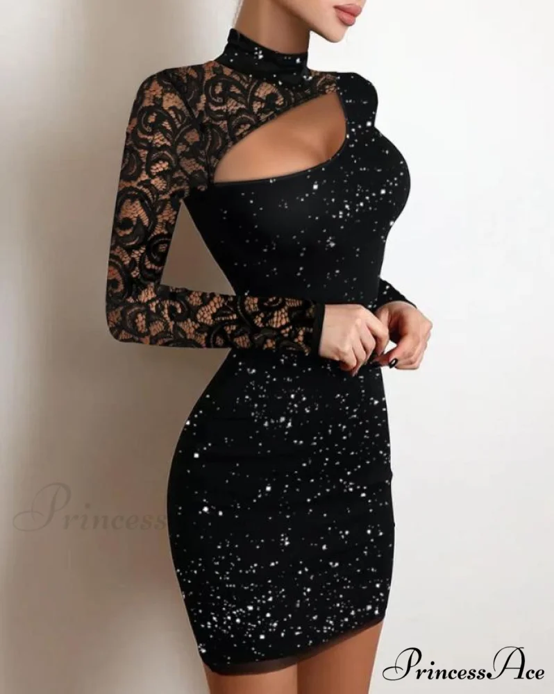 Glitter Contrast Lace Cutout Long Sleeve Bodycon Mini Dress - Image 3