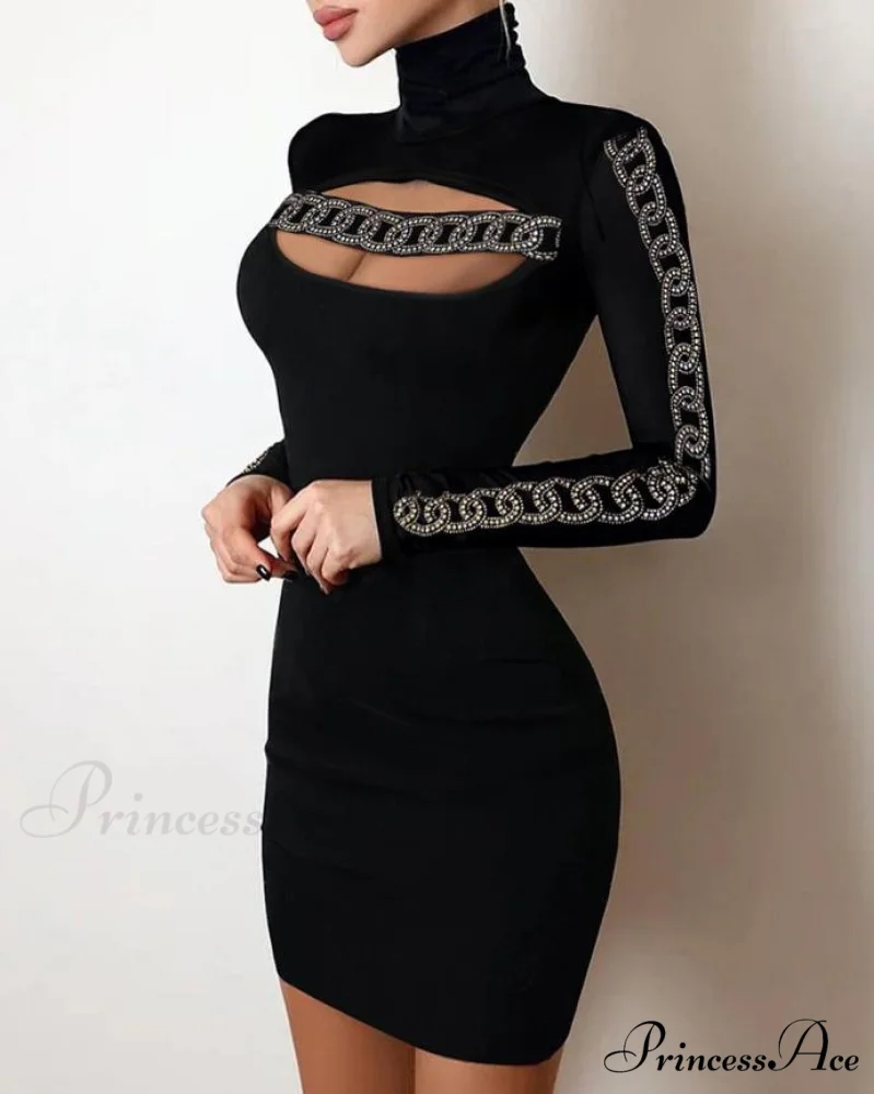 Glitter Contrast Lace Cutout Long Sleeve Bodycon Mini Dress - Image 5