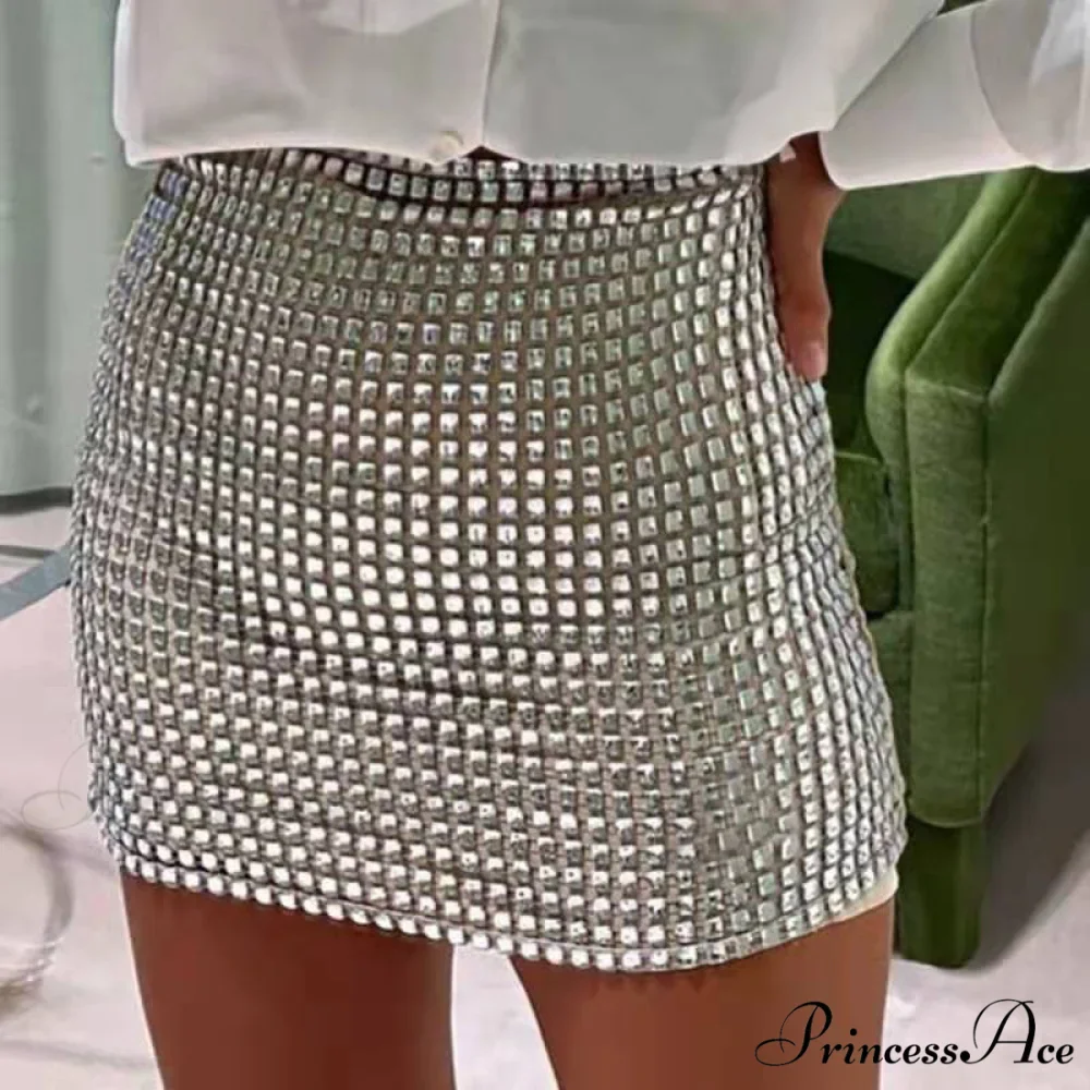 Shiny Sequins Chic Bodycon Solid Color Mini Skirt - Image 4