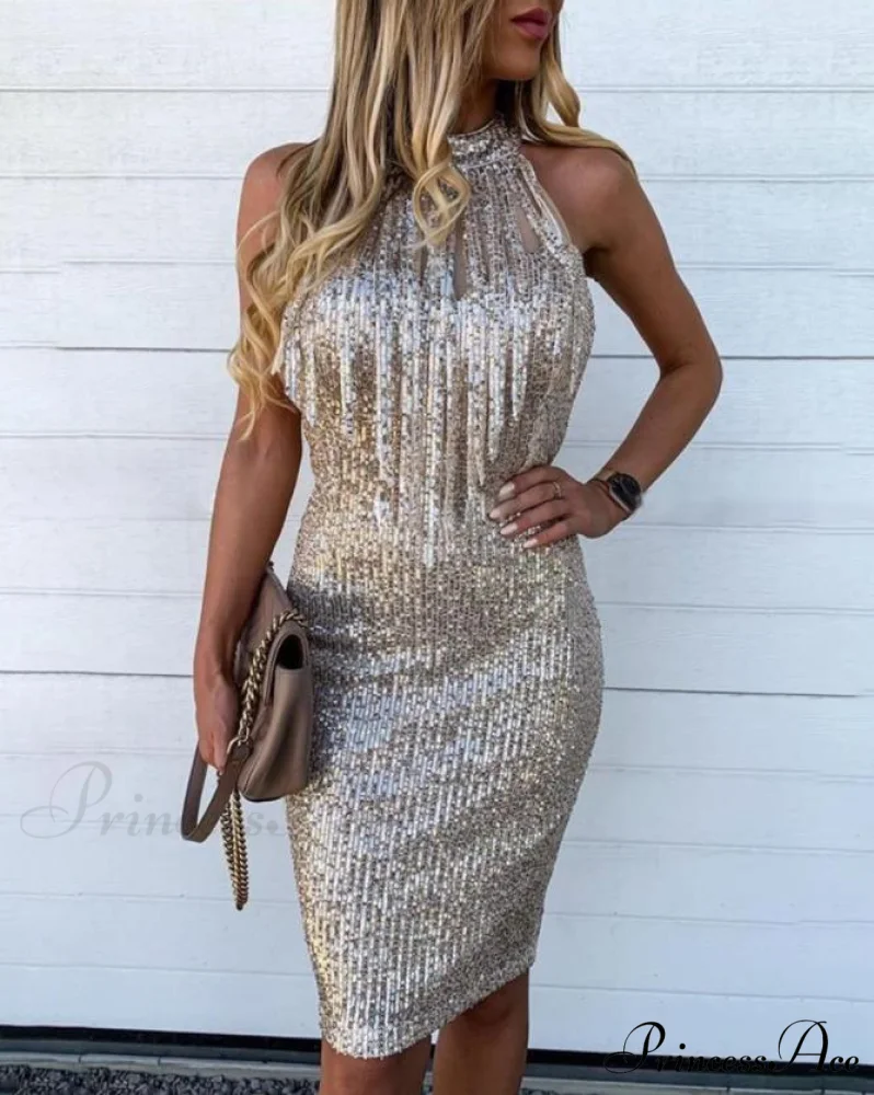 Sequins Sleeveless Halter Tassel Design Bodycon Party Evening Dress - Image 2