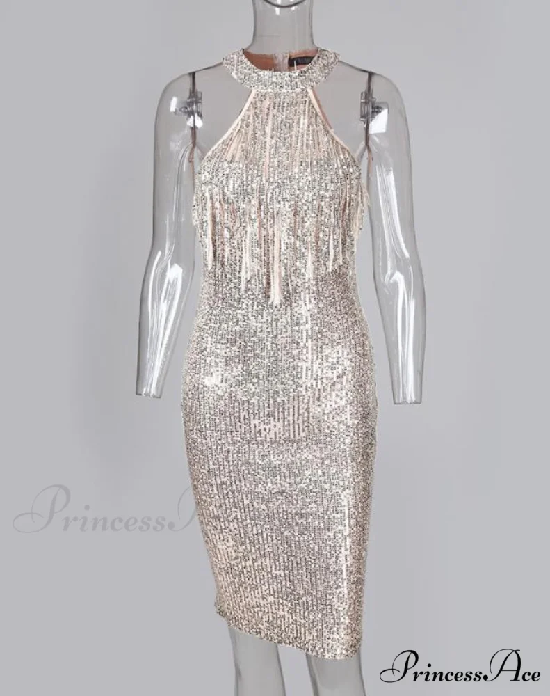 Sequins Sleeveless Halter Tassel Design Bodycon Party Evening Dress - Image 4