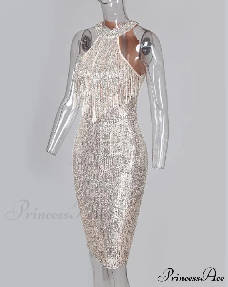 Sequins Sleeveless Halter Tassel Design Bodycon Party Evening Dress - Image 5