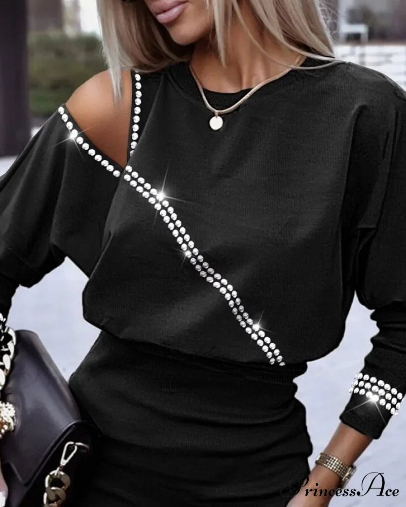Plain Rhinestone Cold Shoulder Long Sleeve Casual Mini Pencil Dress - Image 2
