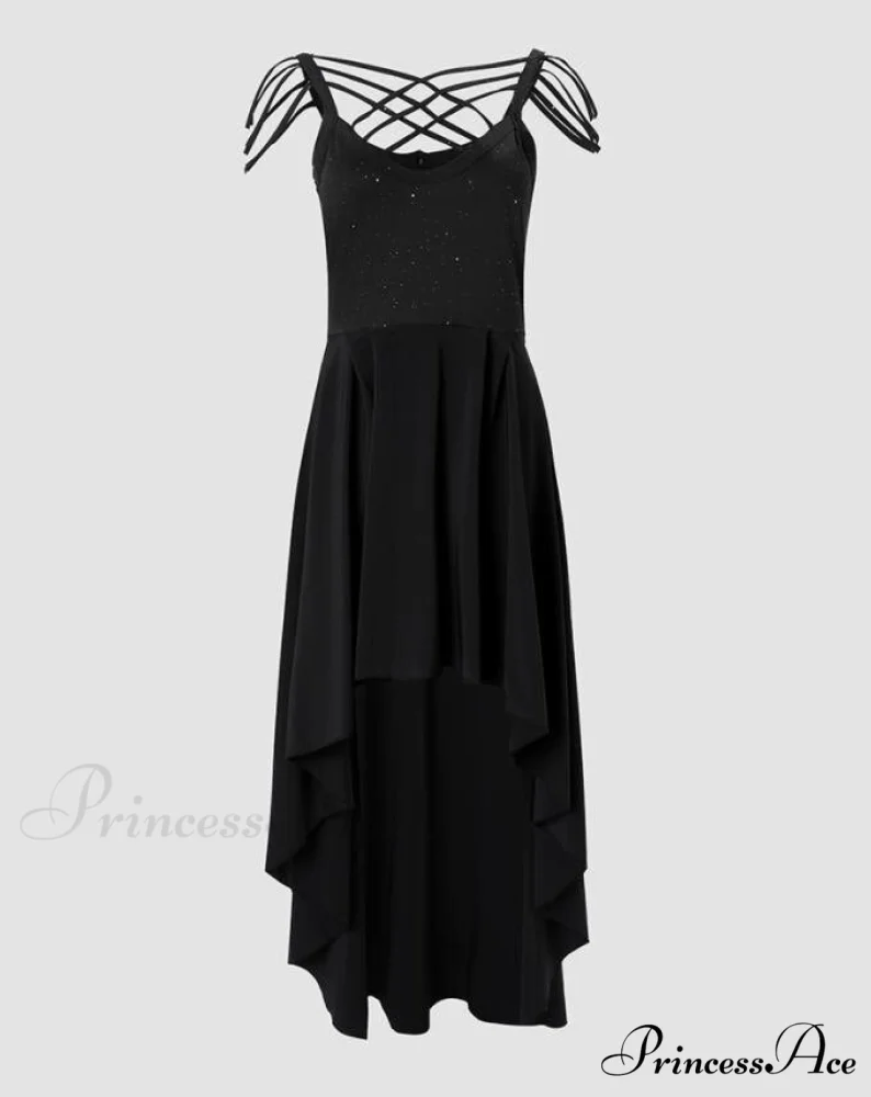 V-Neck Sleeveless Crisscross Tassel Design High Low Hem Glitter Party Dress - Image 2