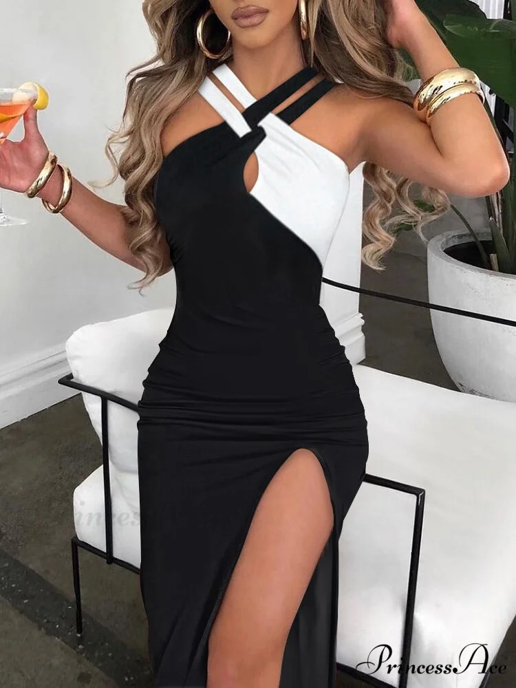 Slim Hot Rhinestone Sleeveless Ladies High Slit Bodycon Sexy Dress - Image 4