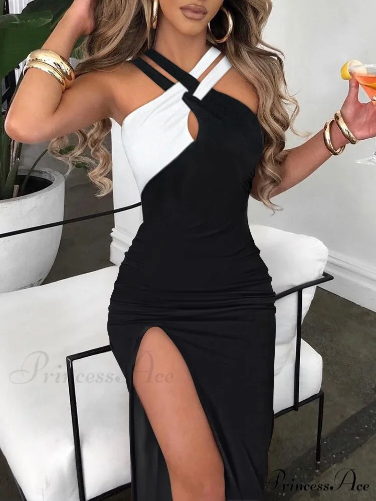 Slim Hot Rhinestone Sleeveless Ladies High Slit Bodycon Sexy Dress - Image 6