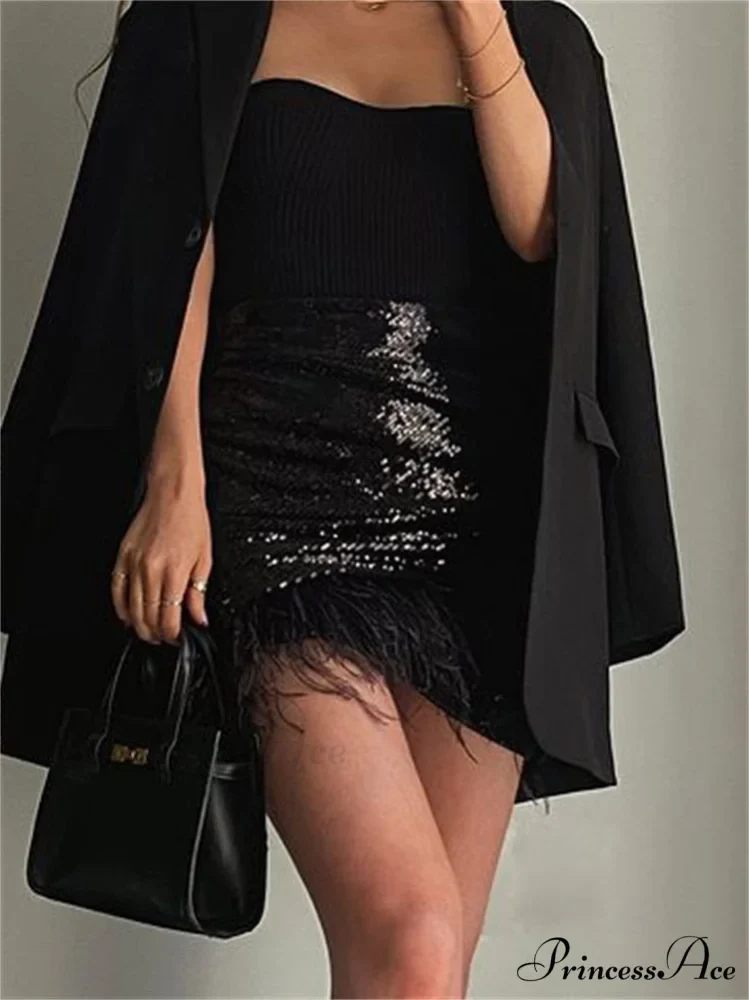 Glitter Women Sequin Feather Tassel Mini Skirt - Image 6