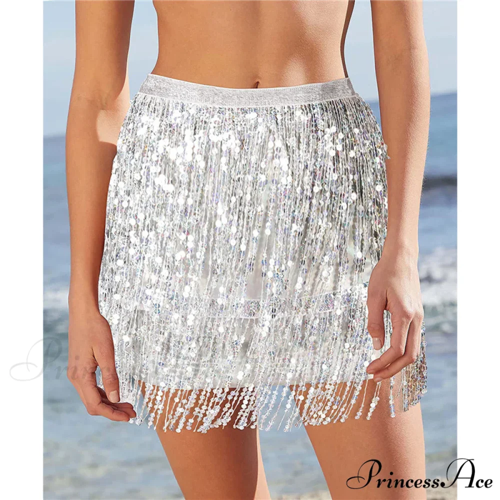 Sequined Fringe Glitters Elastic Waist Mini Skirt - Image 8
