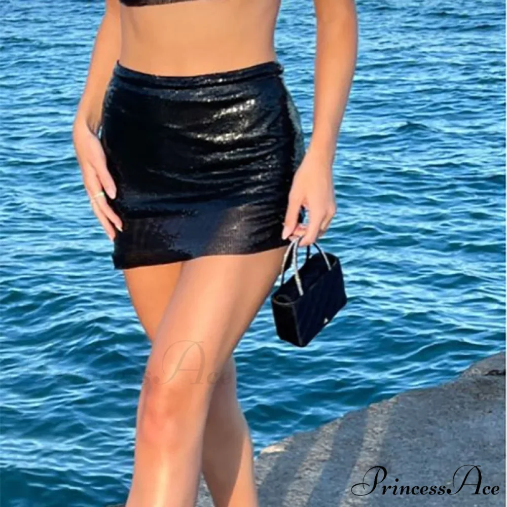 Shiny Hollow Out Split Metal Sequins Solid See Through Skirt - Image 14