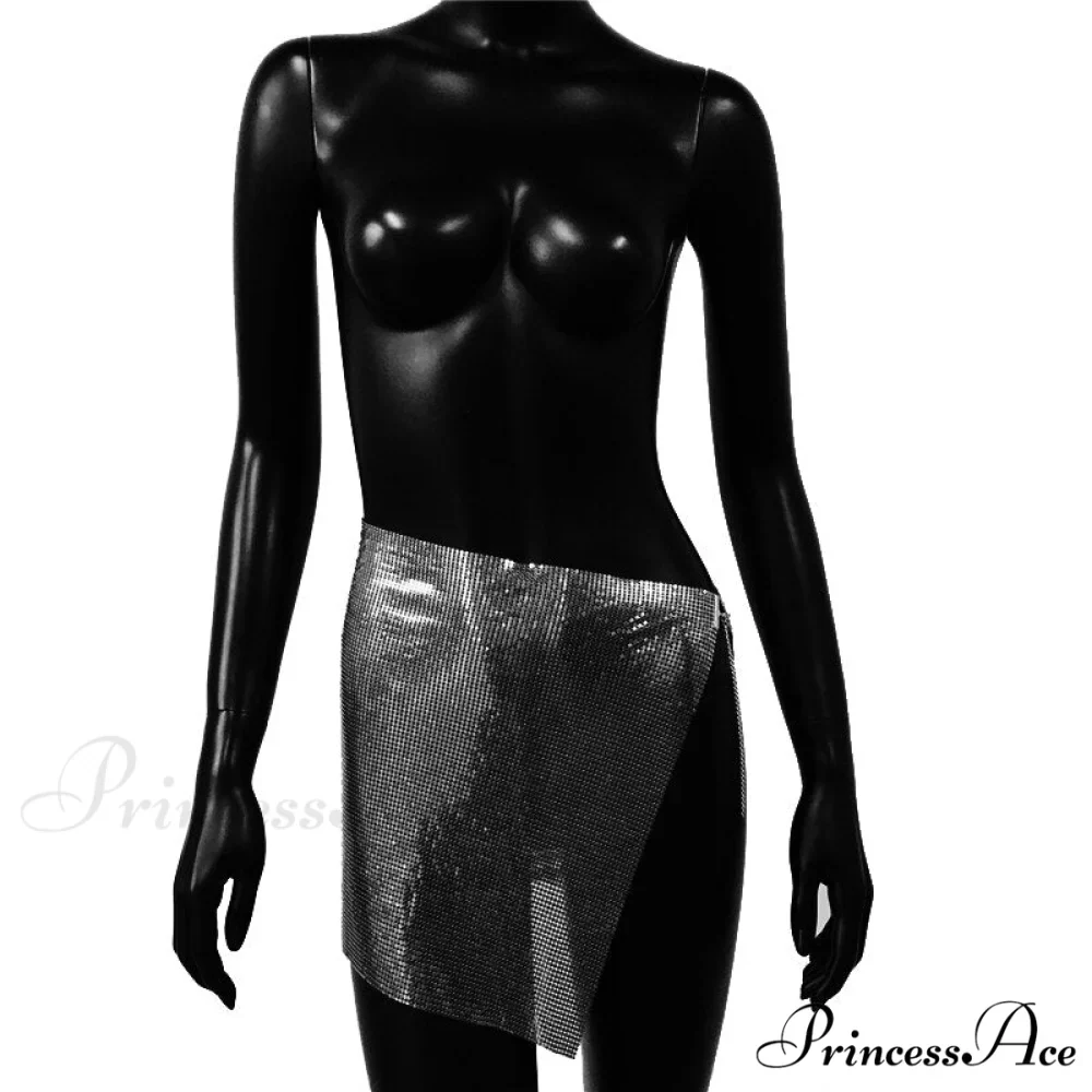 Shiny Hollow Out Split Metal Sequins Solid See Through Skirt - Image 16