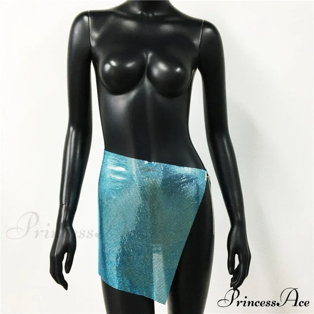 Shiny Hollow Out Split Metal Sequins Solid See Through Skirt - Image 5