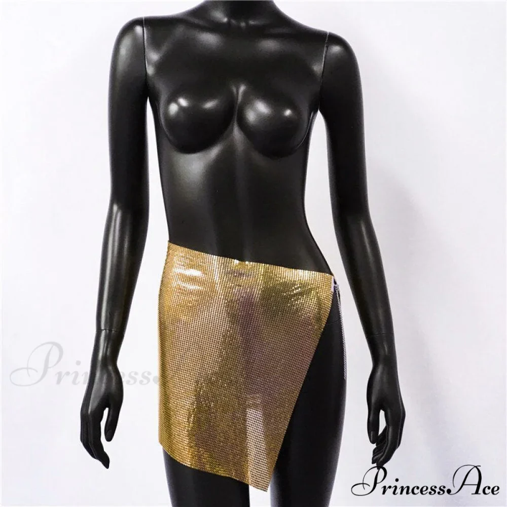 Shiny Hollow Out Split Metal Sequins Solid See Through Skirt - Image 6