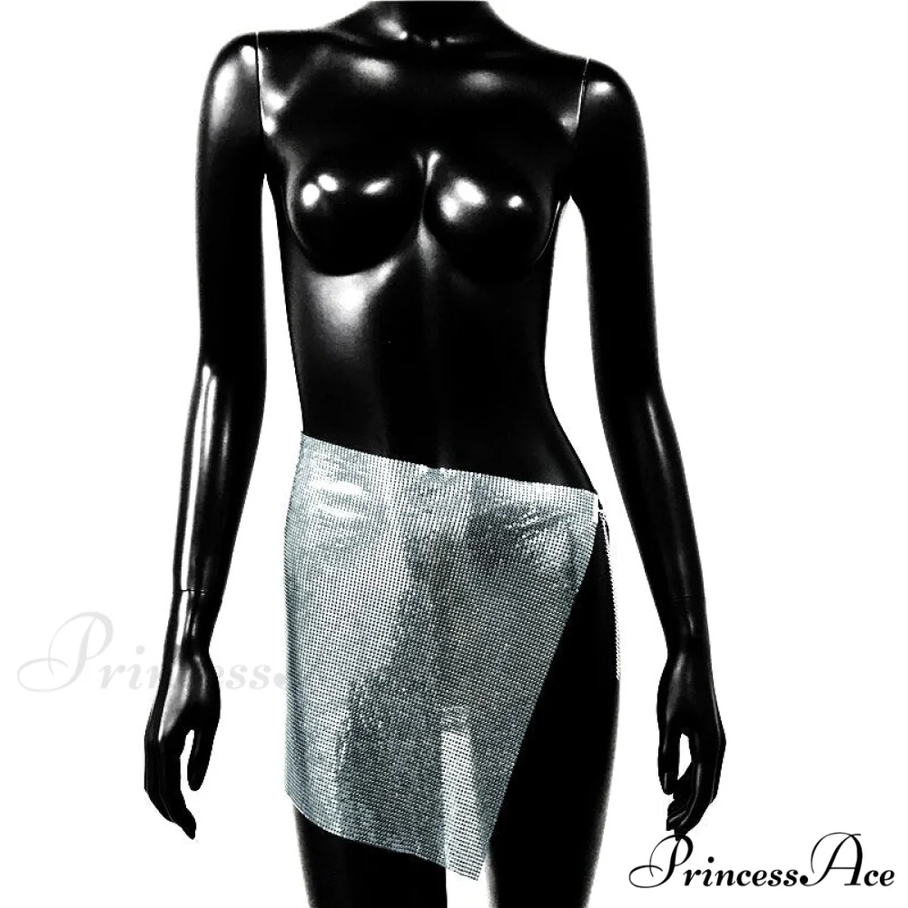 Shiny Hollow Out Split Metal Sequins Solid See Through Skirt - Image 8
