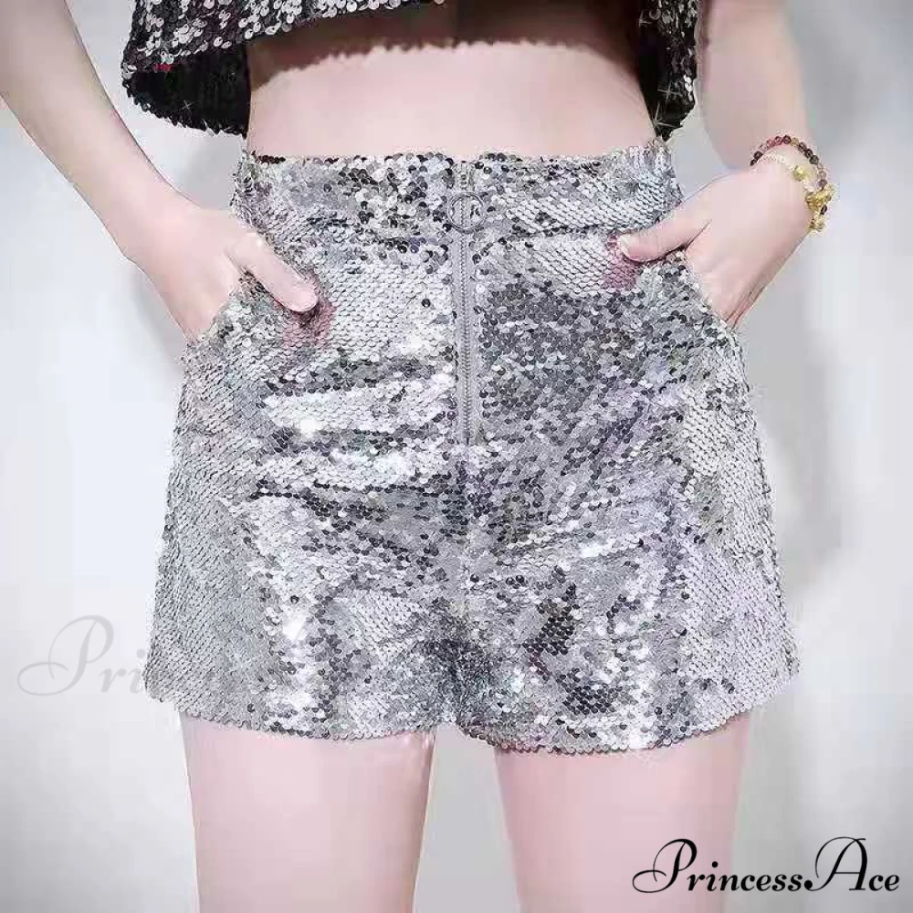 Shiny Sequin Pencil High Waist Mini Shorts - Image 4