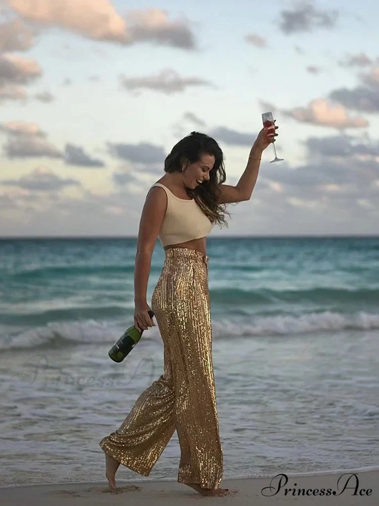 Wide Leg Pants High Waist Sequins Long Pants - Image 9