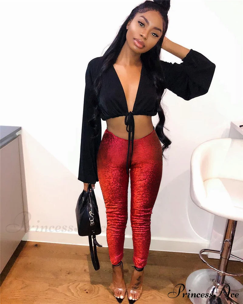 Rose Gold Sequin Slim Shiny Skinny Pencil Pants - Image 2