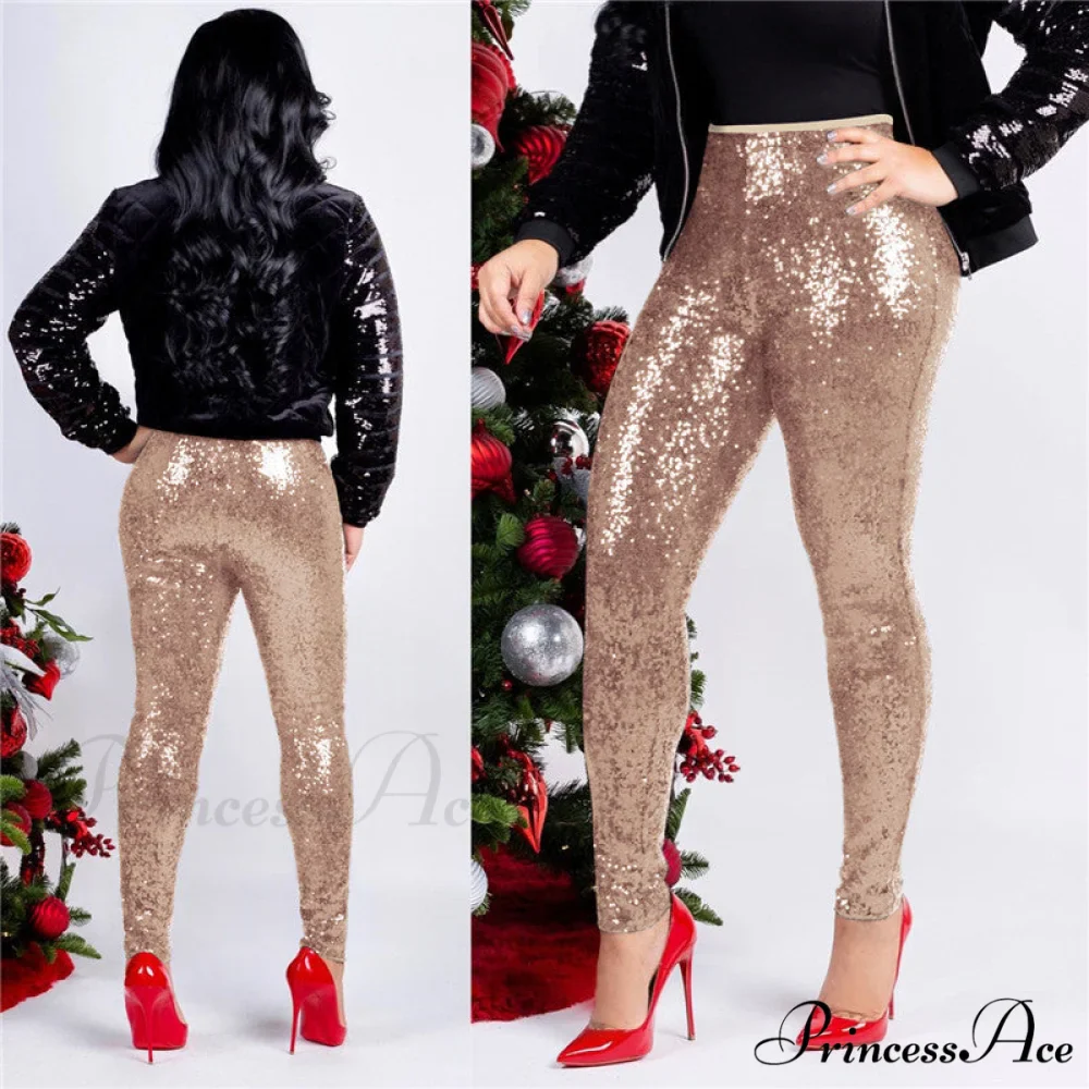 Rose Gold Sequin Slim Shiny Skinny Pencil Pants - Image 4