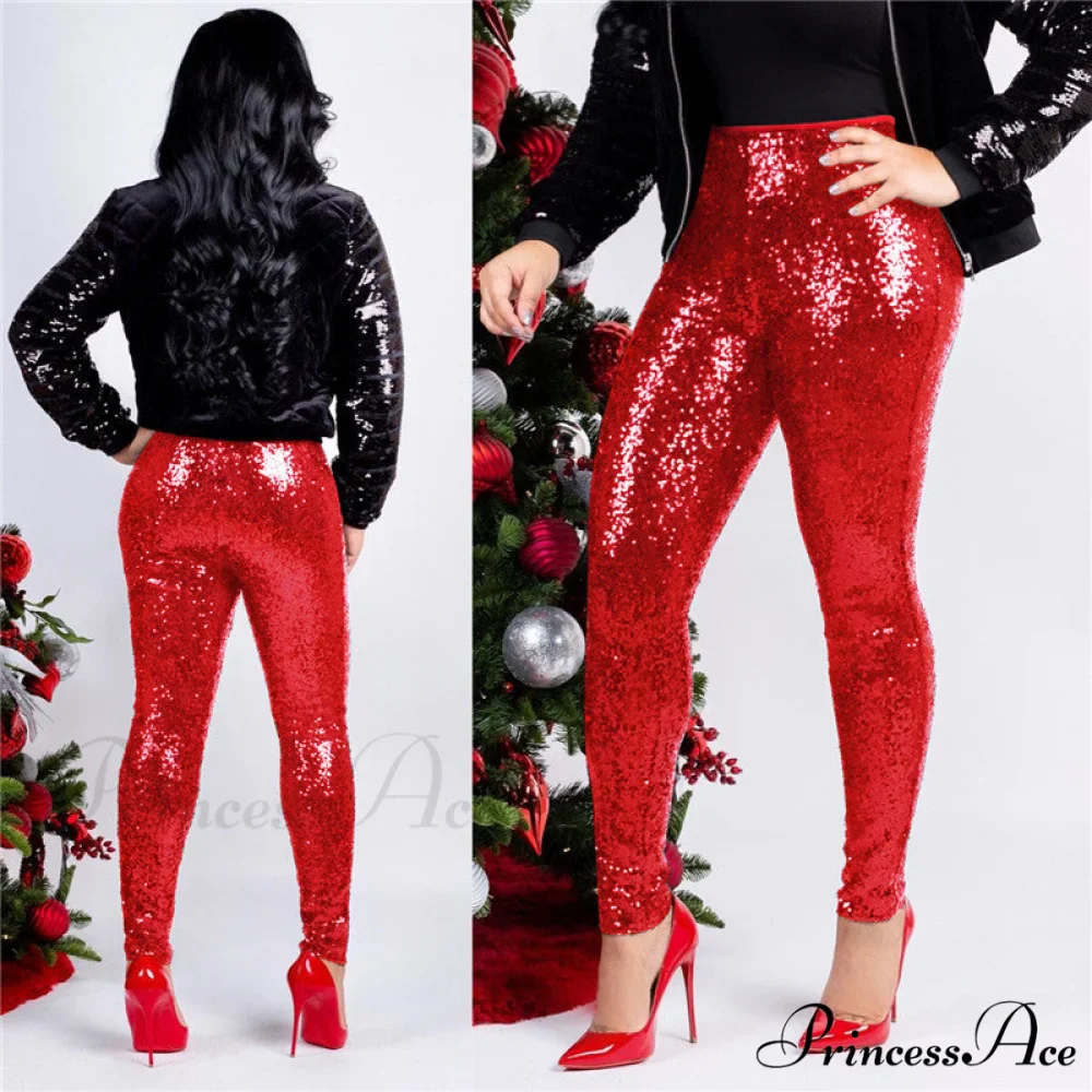 Rose Gold Sequin Slim Shiny Skinny Pencil Pants - Image 6