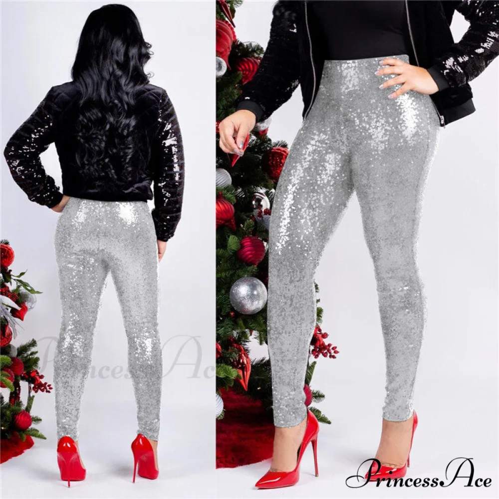 Rose Gold Sequin Slim Shiny Skinny Pencil Pants - Image 9