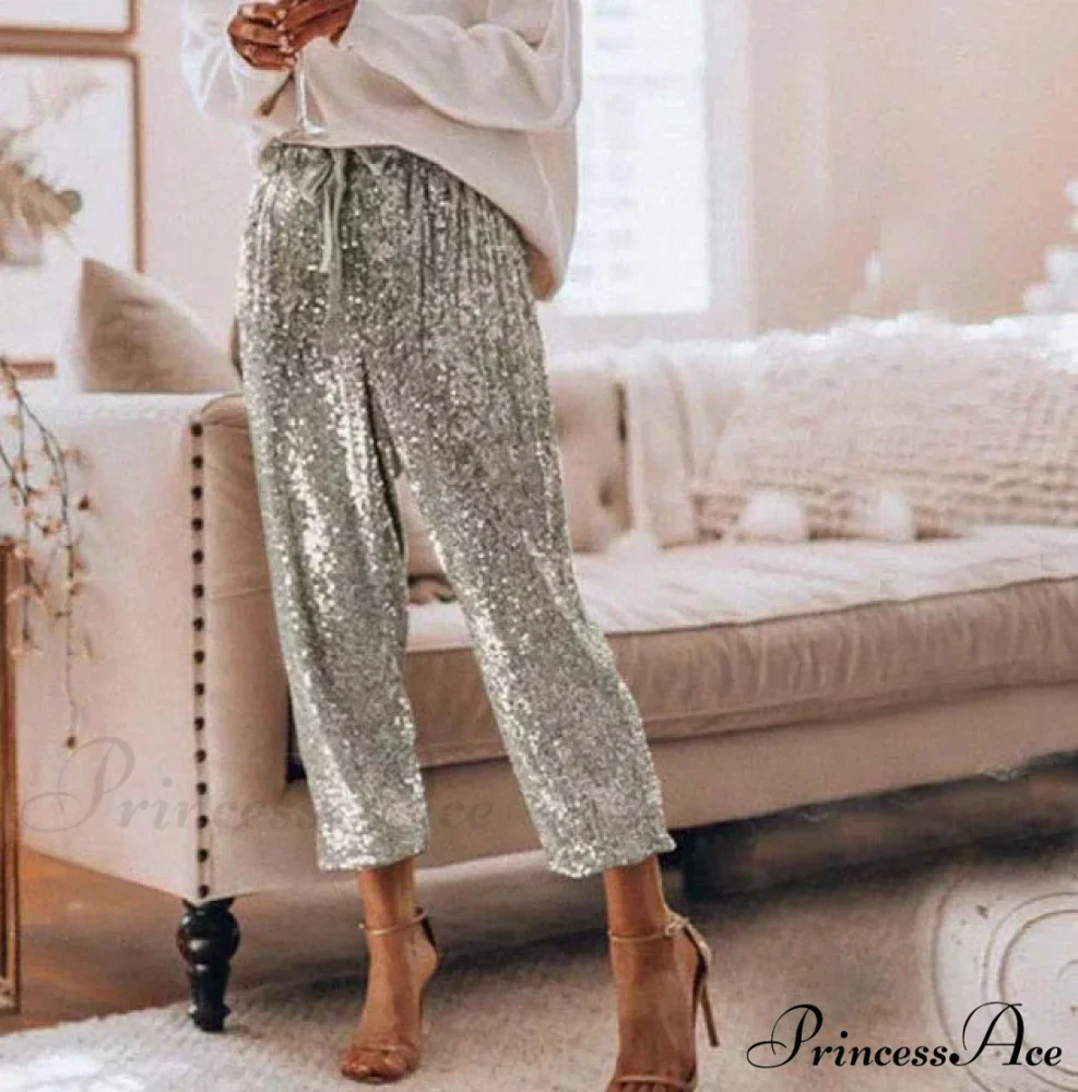 Sequin Shiny Wide Beam Leg Pants - Image 5