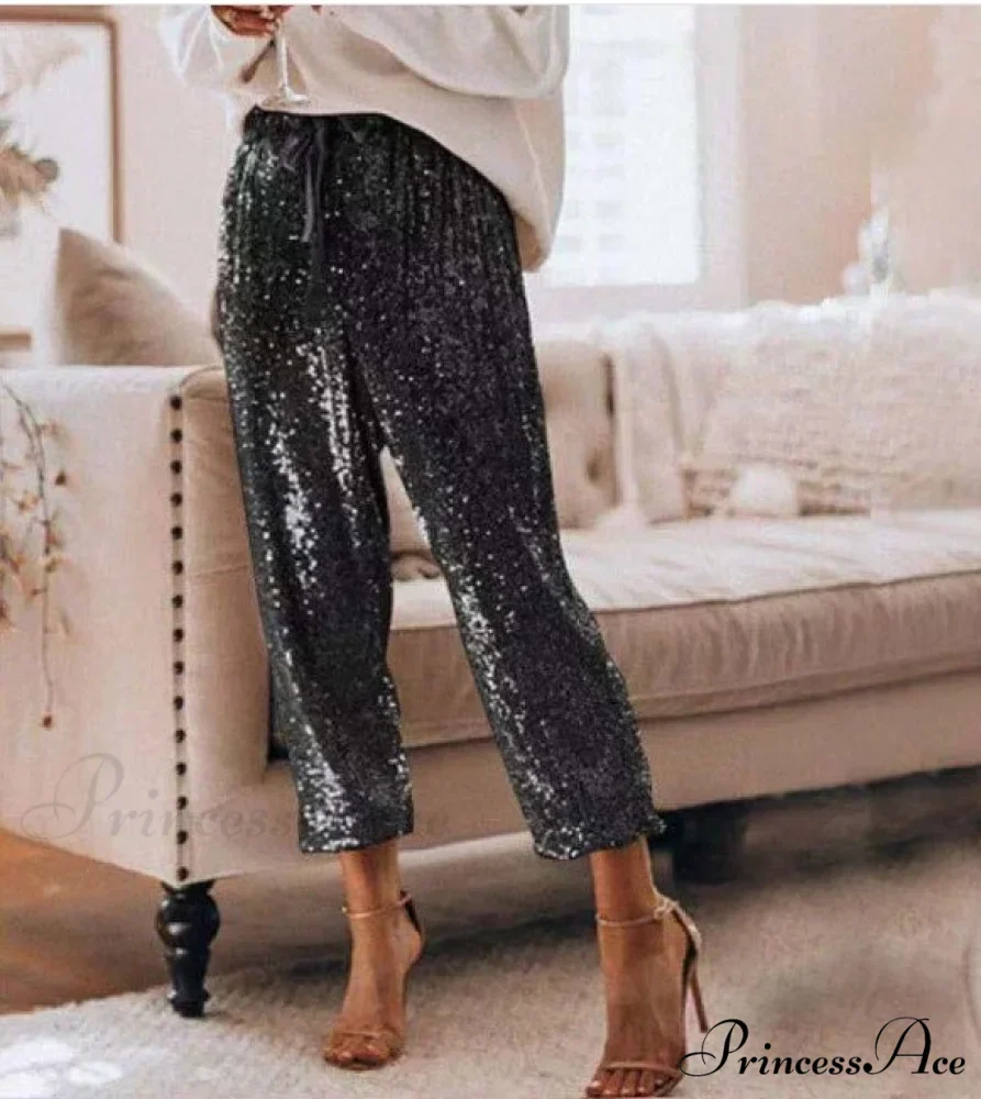 Sequin Shiny Wide Beam Leg Pants - Image 6