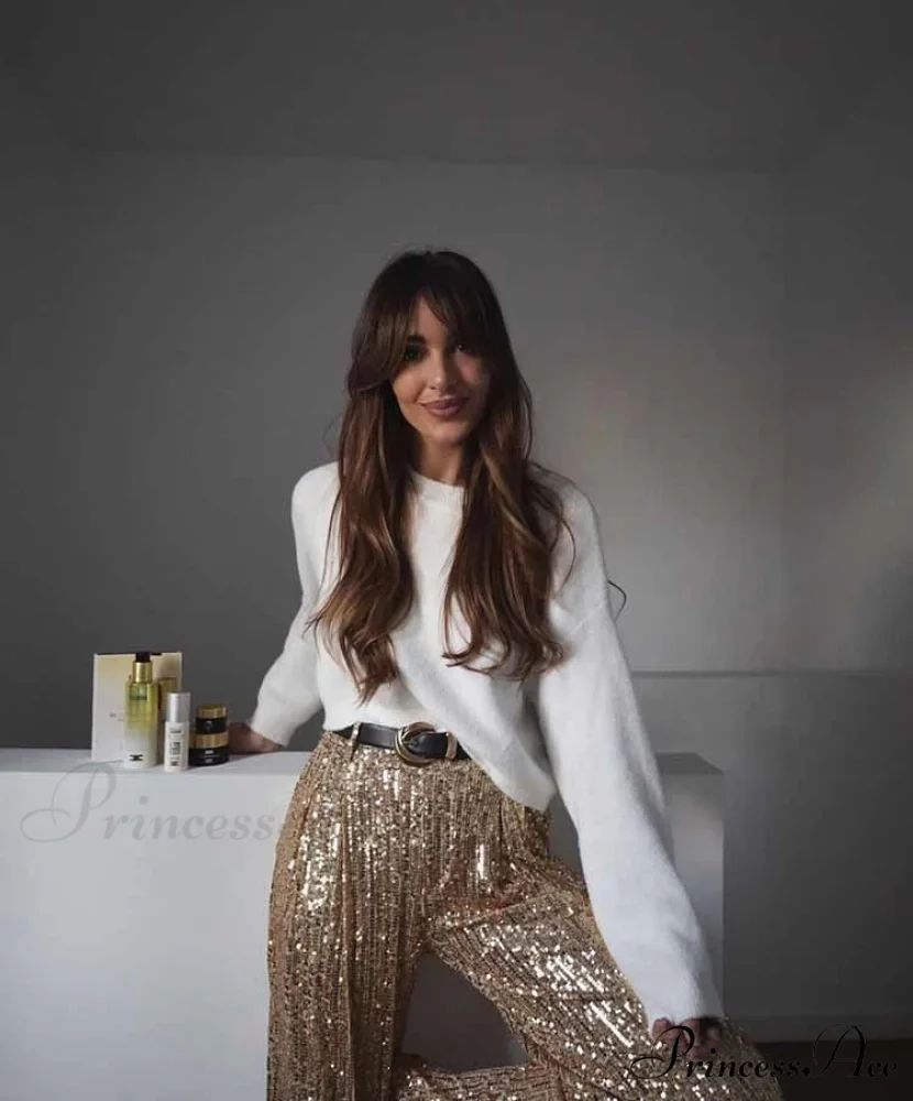 Golden Sequined High Waist Loose Long Trouser - Image 4