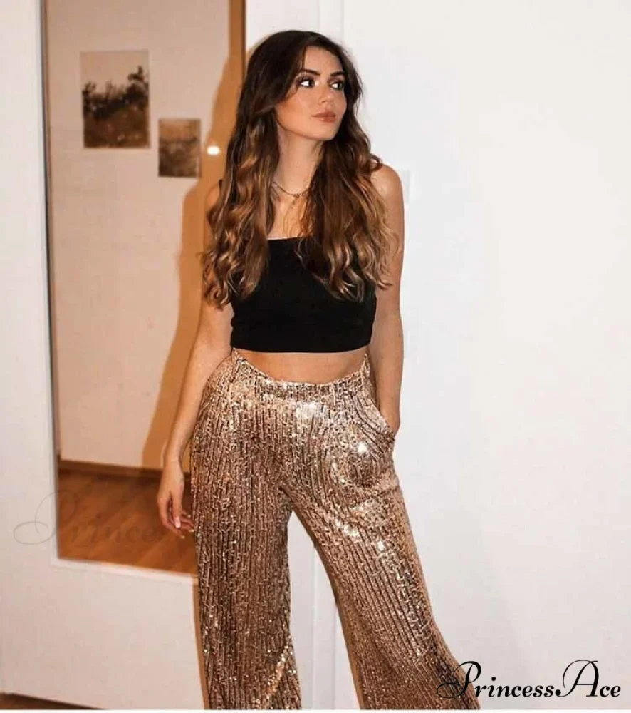 Golden Sequined High Waist Loose Long Trouser - Image 5
